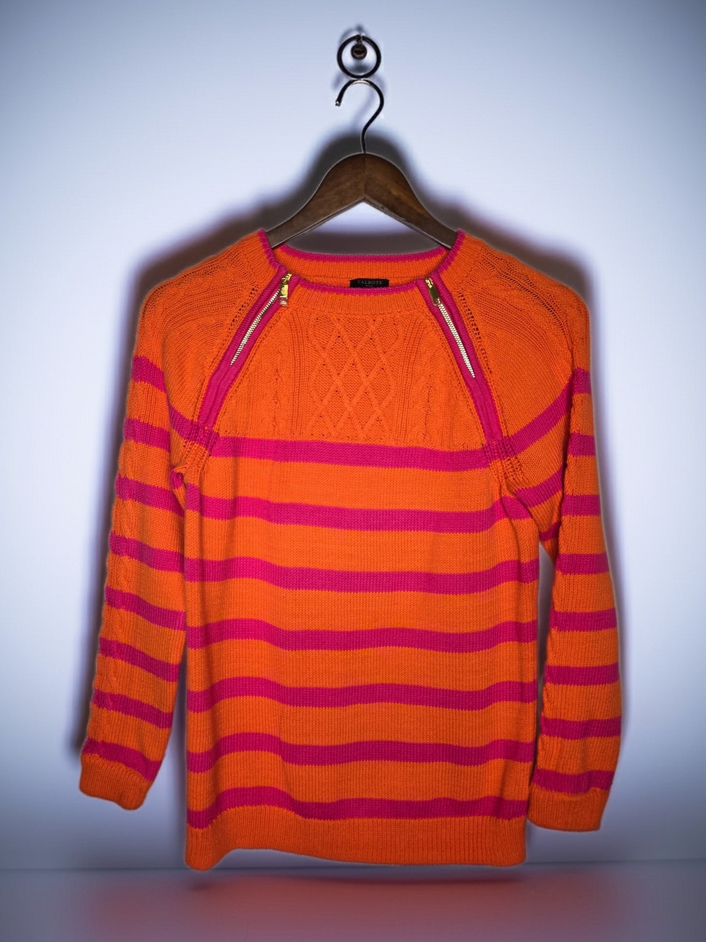 Talbots Orange & Pink Striped Cable Knit Shoulder Zip Fisherman Sweater Size M